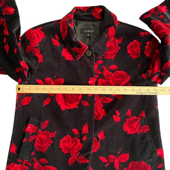 Talbots Black Red Floral Velvet Jacket Size 8 Roses Hidden Buttons Holid… - Picture 10 of 15